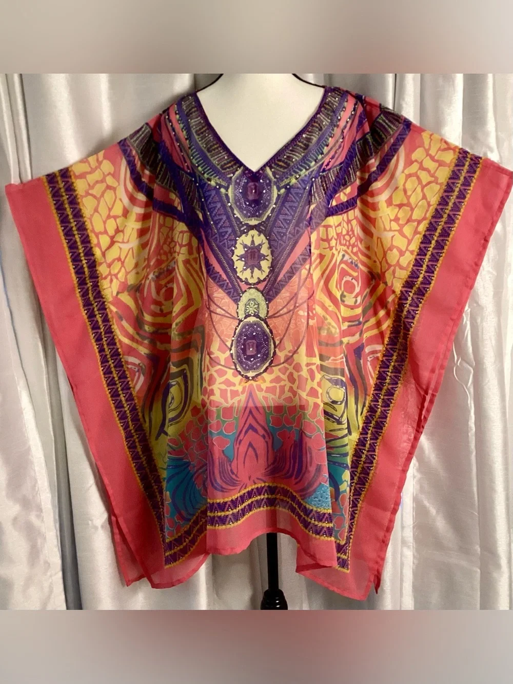 Rhinestone Boho Chiffon Kaftan Tunic Pink Teal Exotic Festival Caftan Top OS